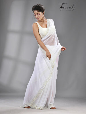 White stone chiffon zardosi work saree - Tamal Boutique