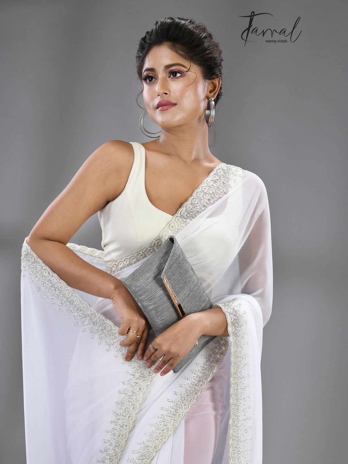 White stone chiffon zardosi work saree - Tamal Boutique