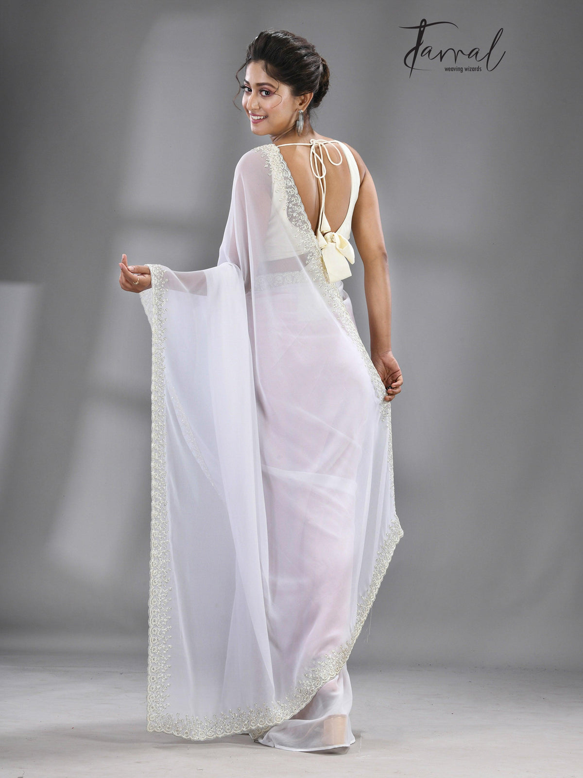 White stone chiffon zardosi work saree - Tamal Boutique