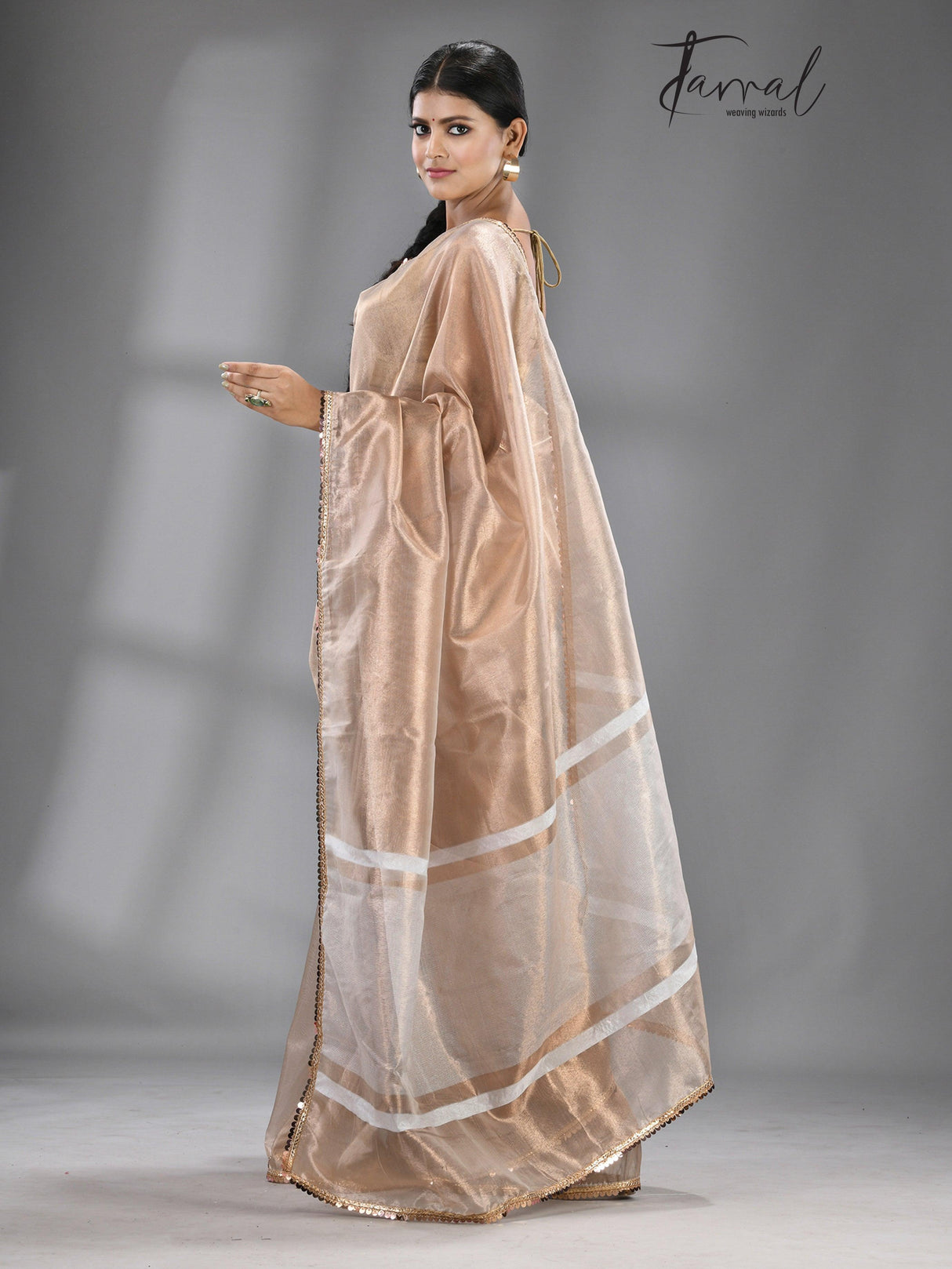 Milk coffee brown Banarasi tissue silk saree - Tamal Boutique