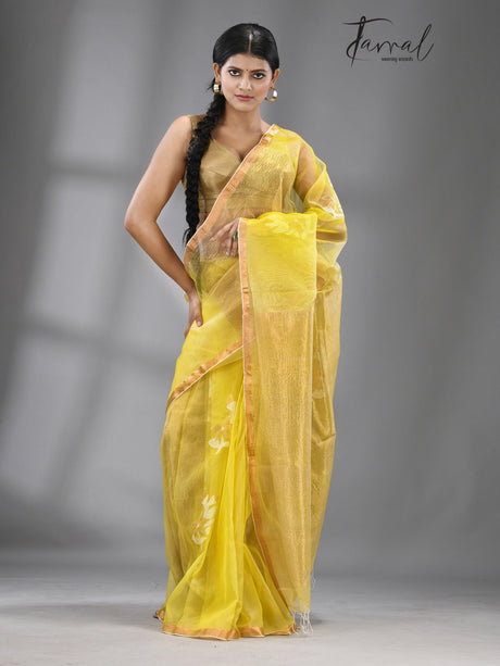 Yellow Organza silk Stripe With Floral buta handwoven jamdani saree - Tamal Boutique