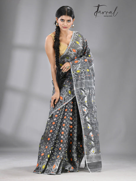 Ash with multi colour soft handloom dhakai jamdani saree - Tamal Boutique
