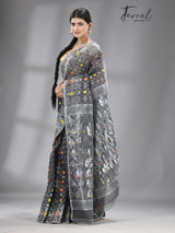 Ash with multi colour soft handloom dhakai jamdani saree - Tamal Boutique