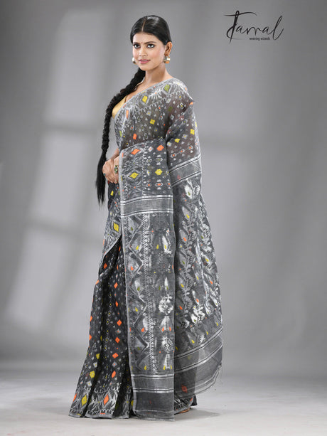 Ash with multi colour soft handloom dhakai jamdani saree - Tamal Boutique