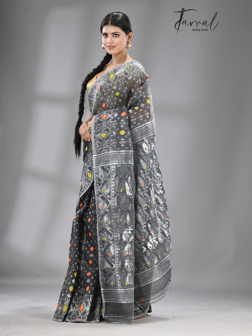 Ash with multi colour soft handloom dhakai jamdani saree - Tamal Boutique