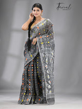 Ash with multi colour soft handloom dhakai jamdani saree - Tamal Boutique