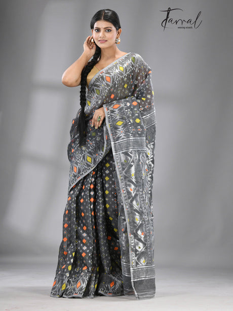Ash with multi colour soft handloom dhakai jamdani saree - Tamal Boutique