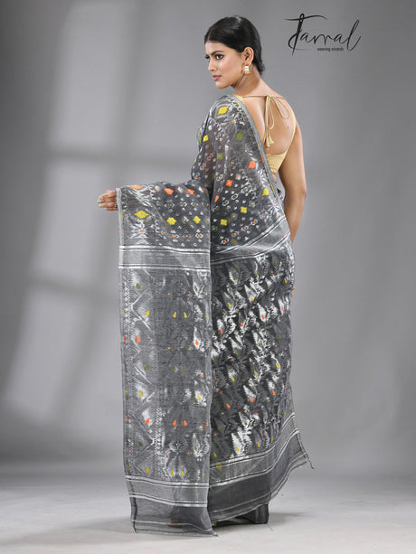 Ash with multi colour soft handloom dhakai jamdani saree - Tamal Boutique