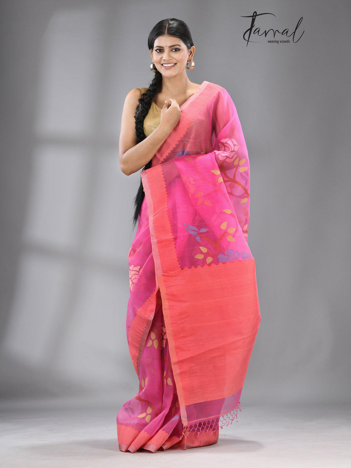 Dark rose pink allover rose motifs muslin silk handwoven jamdani saree - Tamal Boutique
