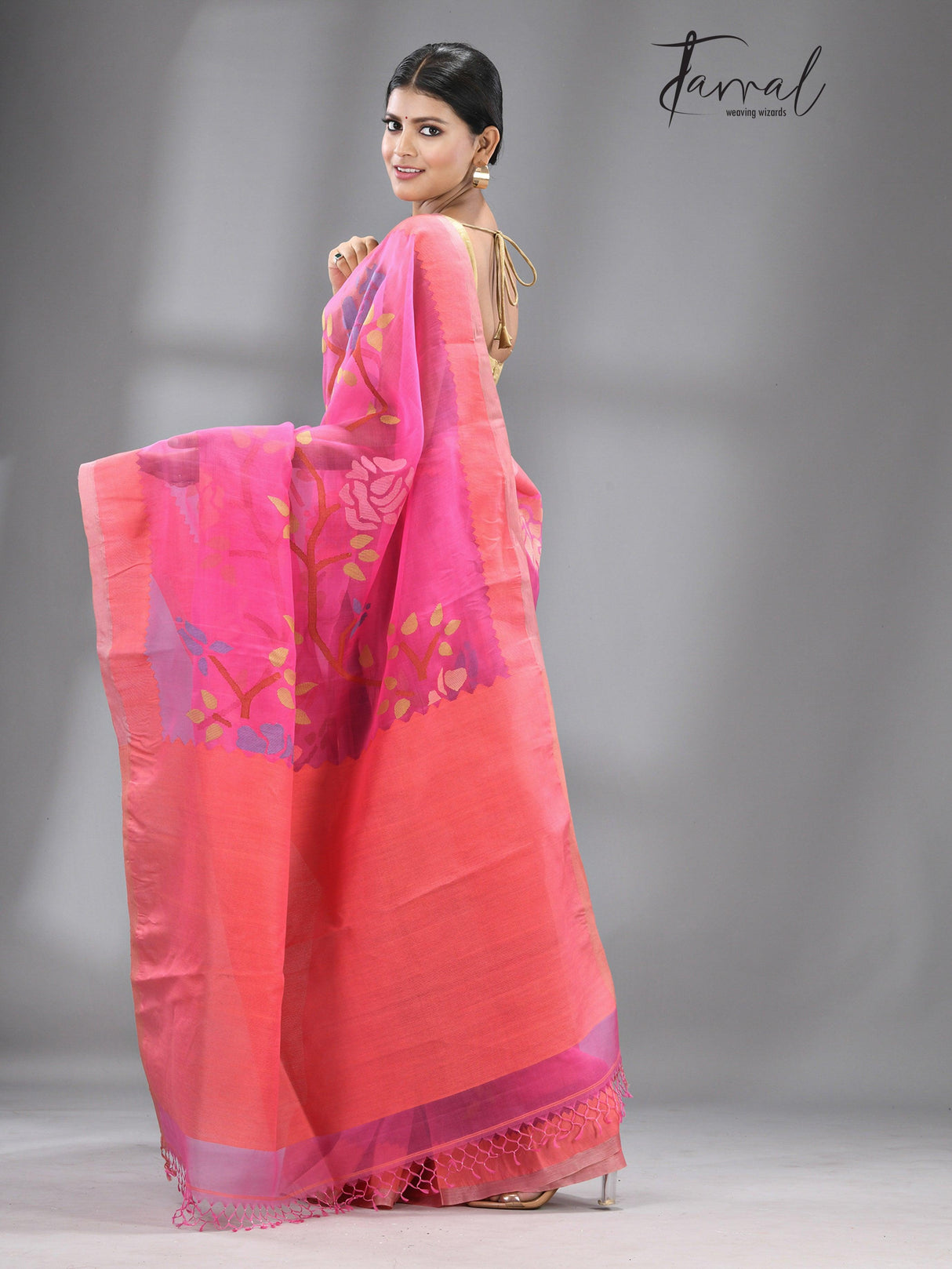Dark rose pink allover rose motifs muslin silk handwoven jamdani saree - Tamal Boutique