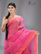 Dark rose pink allover rose motifs muslin silk handwoven jamdani saree - Tamal Boutique