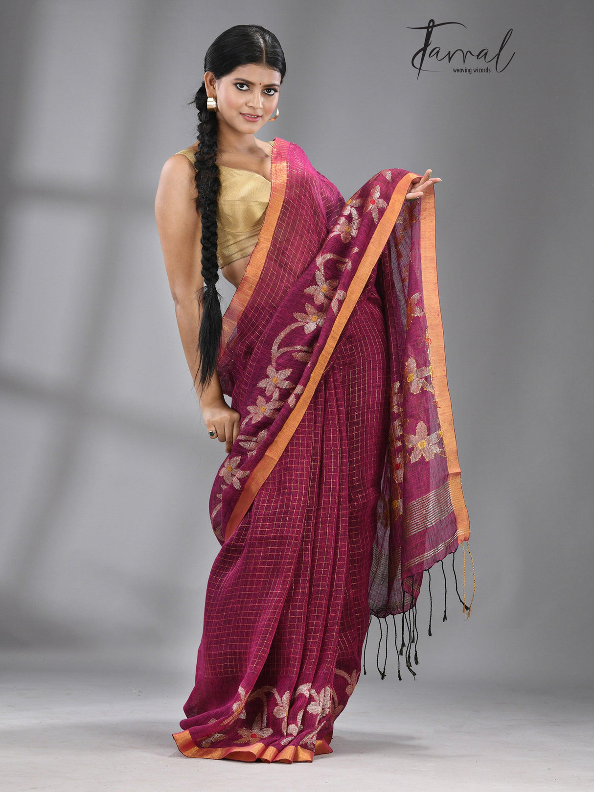 Magenta colour checks with zari border linen handloom jamdani saree - Tamal Boutique