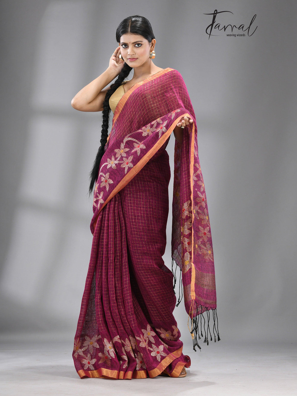 Magenta colour checks with zari border linen handloom jamdani saree - Tamal Boutique