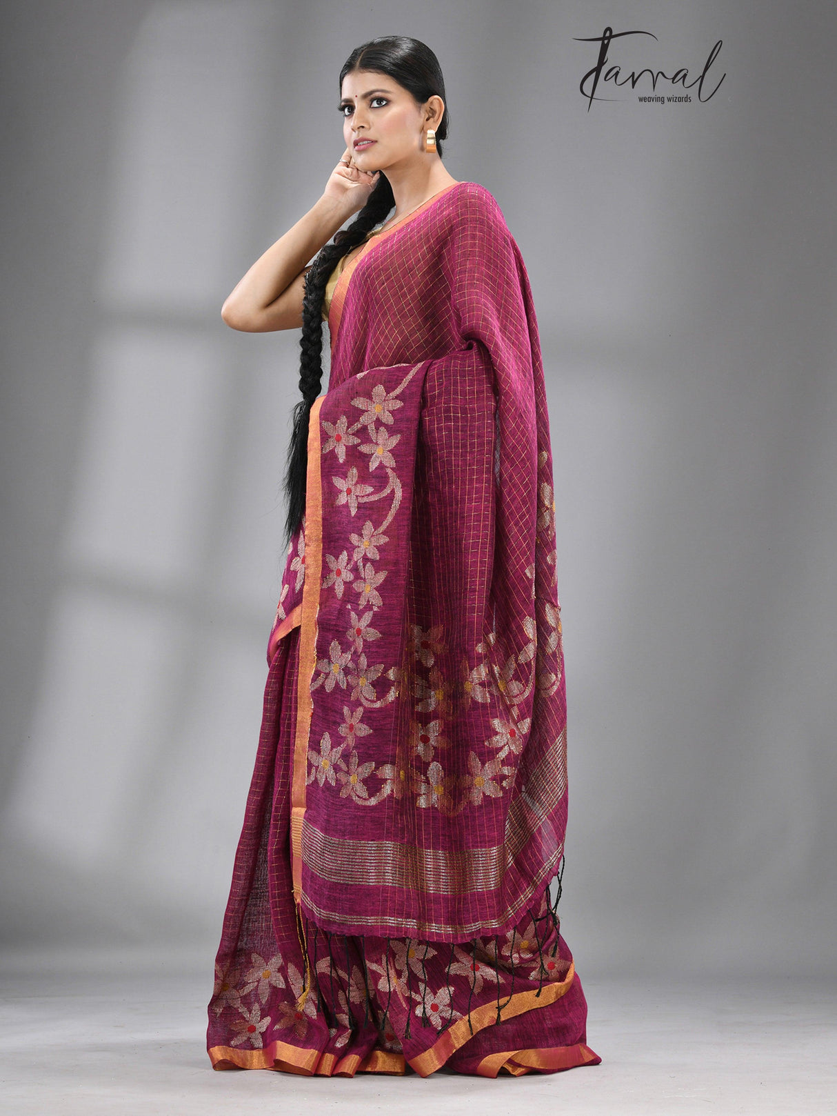 Magenta colour checks with zari border linen handloom jamdani saree - Tamal Boutique