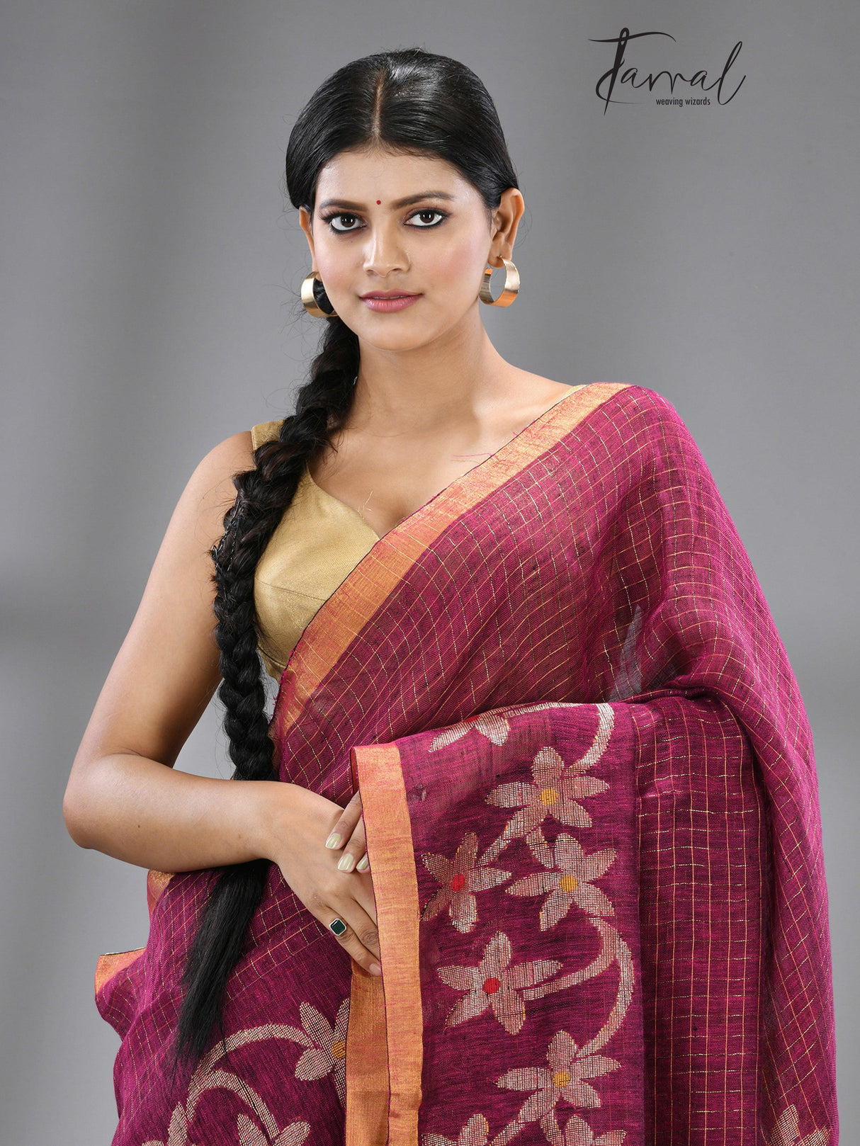 Magenta colour checks with zari border linen handloom jamdani saree - Tamal Boutique