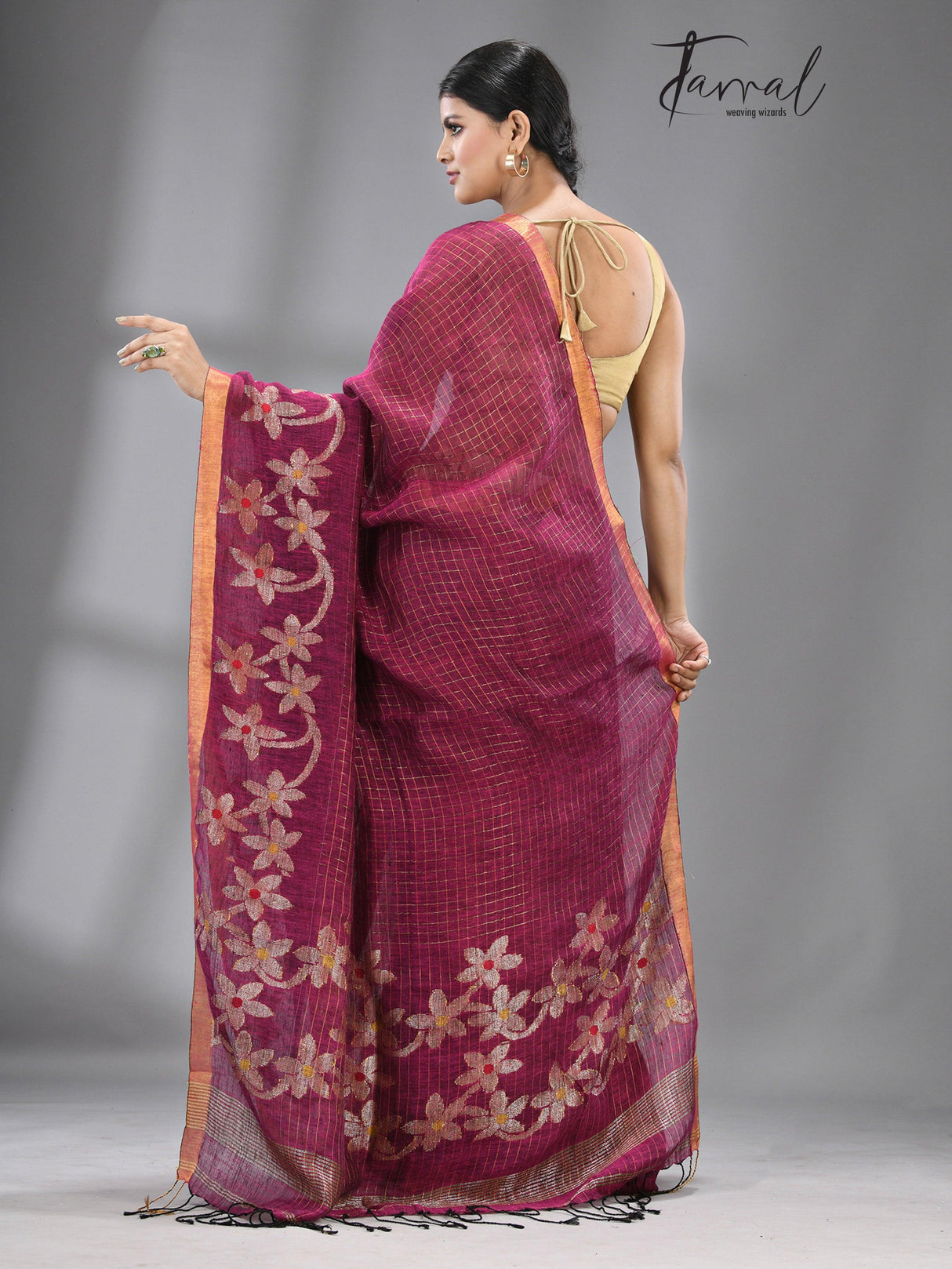 Magenta colour checks with zari border linen handloom jamdani saree - Tamal Boutique