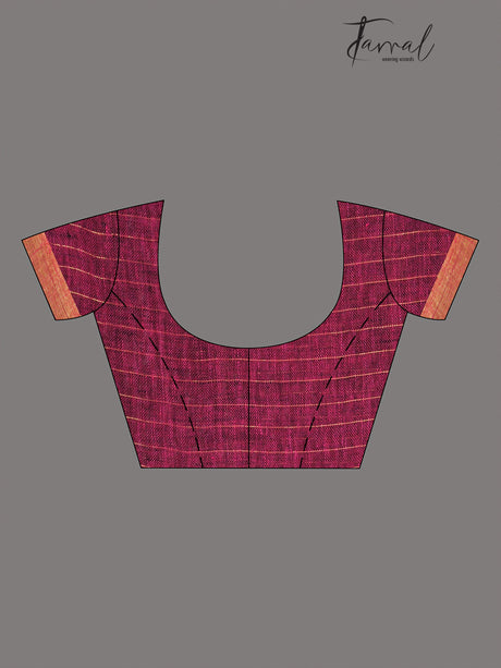 Magenta colour checks with zari border linen handloom jamdani saree - Tamal Boutique