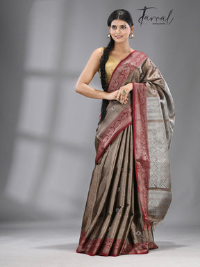 Chocolate brown with dark red & silver zari tissue Benarasi handloom saree - Tamal Boutique