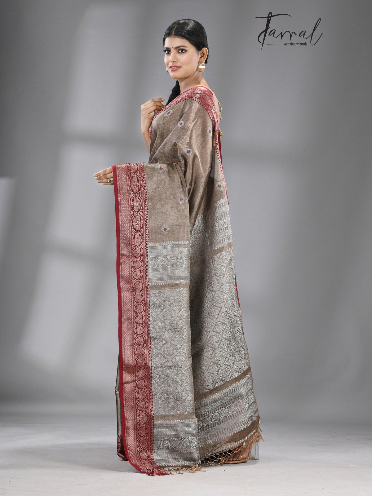 Chocolate brown with dark red & silver zari tissue Benarasi handloom saree - Tamal Boutique