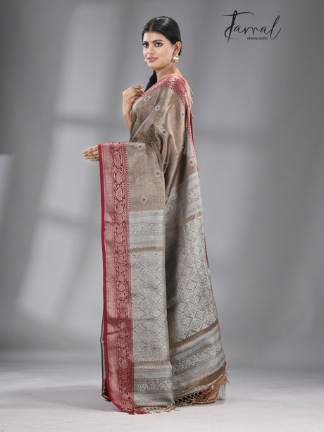 Chocolate brown with dark red & silver zari tissue Benarasi handloom saree - Tamal Boutique
