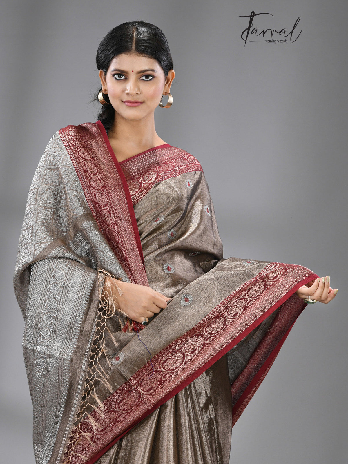 Chocolate brown with dark red & silver zari tissue Benarasi handloom saree - Tamal Boutique