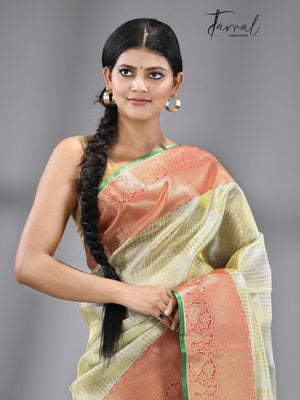 Golden with Red border banarasi tissue silk saree - Tamal Boutique