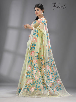 Light apple green with multicolour floral handwoven muslin silk jamdani saree - Tamal Boutique