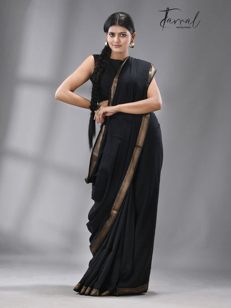 Black with golden zari Mangal Giri cotton handloom saree - Tamal Boutique