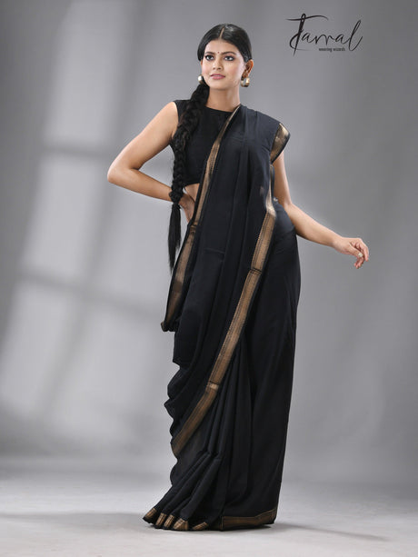 Black with golden zari Mangal Giri cotton handloom saree - Tamal Boutique