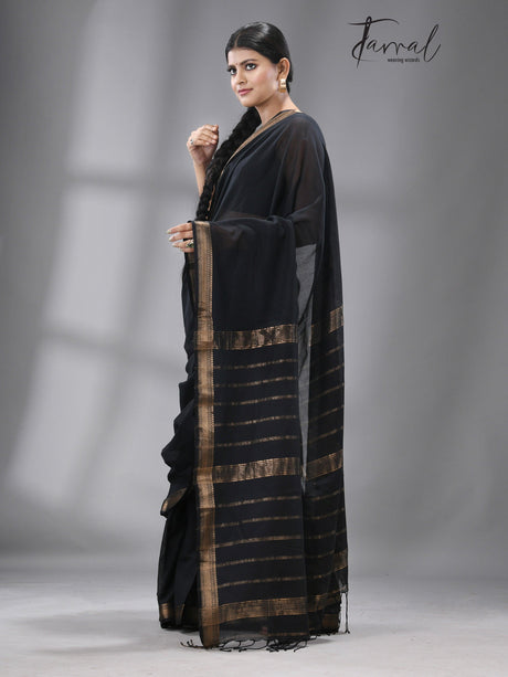 Black with golden zari Mangal Giri cotton handloom saree - Tamal Boutique