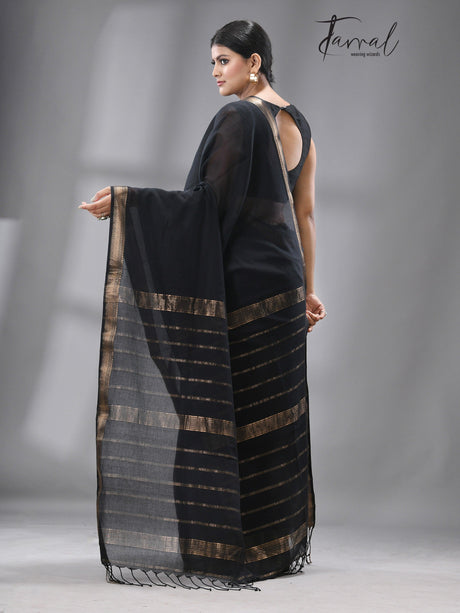Black with golden zari Mangal Giri cotton handloom saree - Tamal Boutique