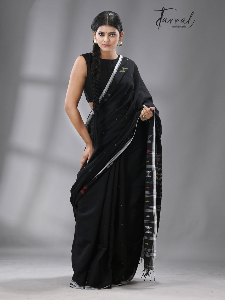 Black with multicolour diamond motifs cotton handwoven jamdani saree - Tamal Boutique