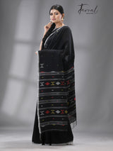Black with multicolour diamond motifs cotton handwoven jamdani saree - Tamal Boutique