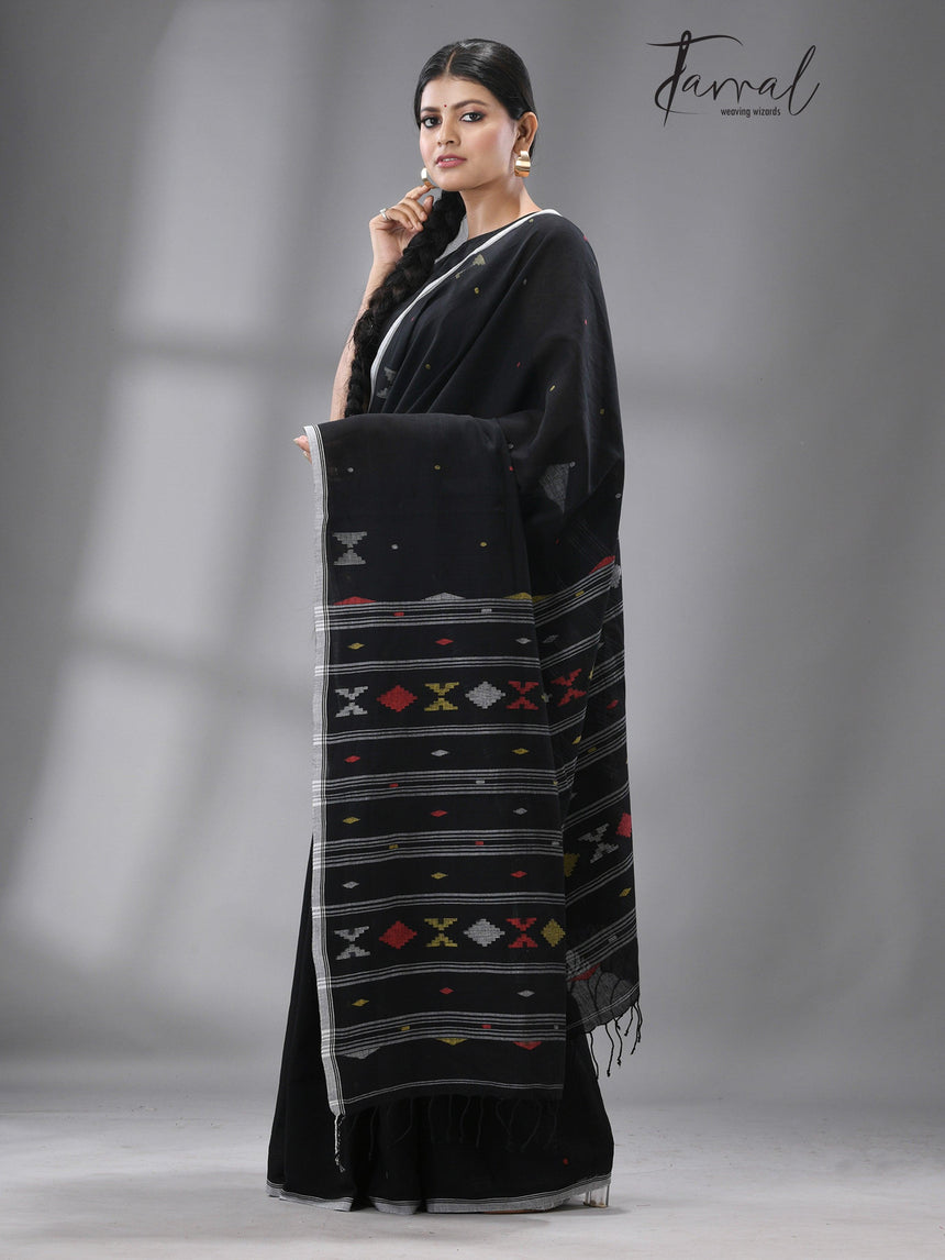 Black with multicolour diamond motifs cotton handwoven jamdani saree - Tamal Boutique