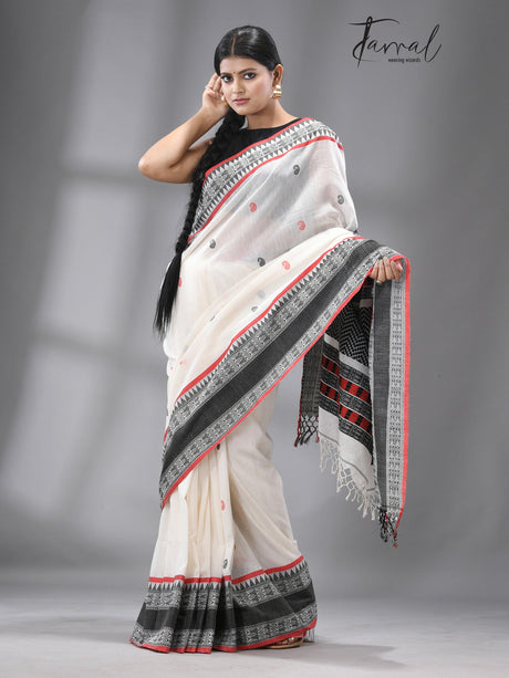 White with red & black fish motifs border handloom cotton bomkai saree - Tamal Boutique