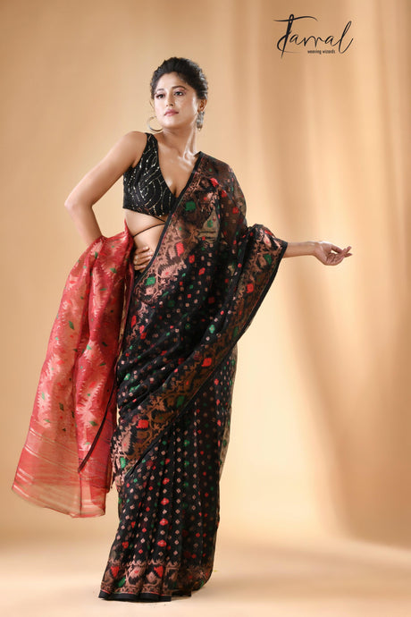 Black with multi colour & copper zari border soft dhakai handloom jamdani saree - Tamal Boutique