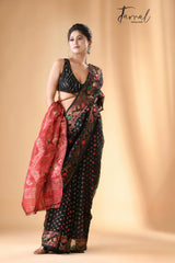 Black with multi colour & copper zari border soft dhakai handloom jamdani saree - Tamal Boutique
