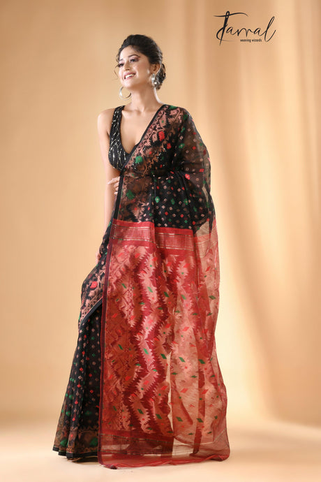 Black with multi colour & copper zari border soft dhakai handloom jamdani saree - Tamal Boutique