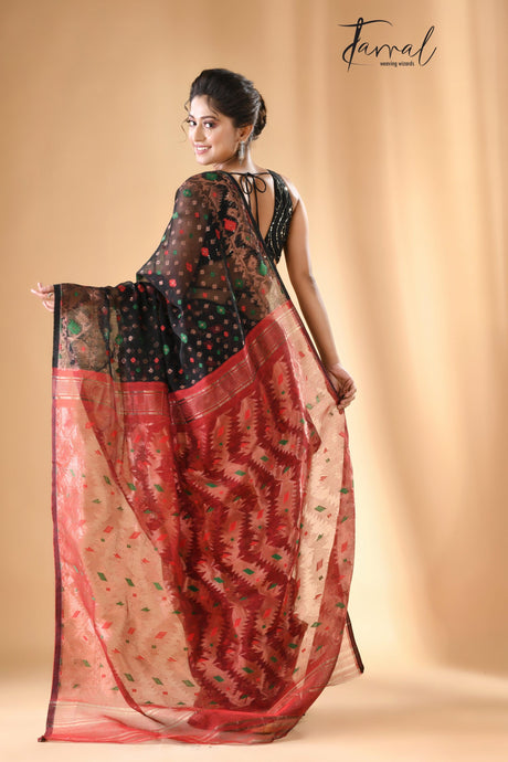 Black with multi colour & copper zari border soft dhakai handloom jamdani saree - Tamal Boutique