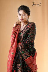 Black with multi colour & copper zari border soft dhakai handloom jamdani saree - Tamal Boutique