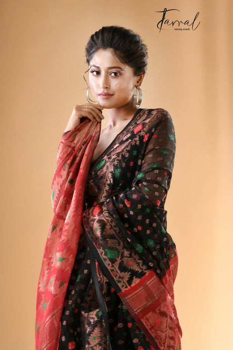 Black with multi colour & copper zari border soft dhakai handloom jamdani saree - Tamal Boutique
