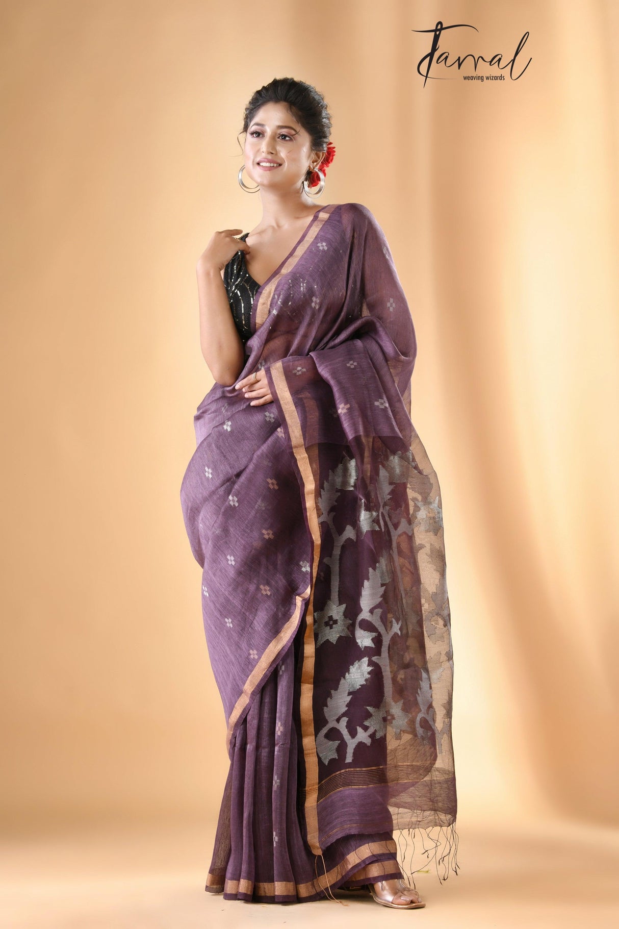 Chocolate Brown With zari border lata pallu silk linen handwoven jamdani saree - Tamal Boutique