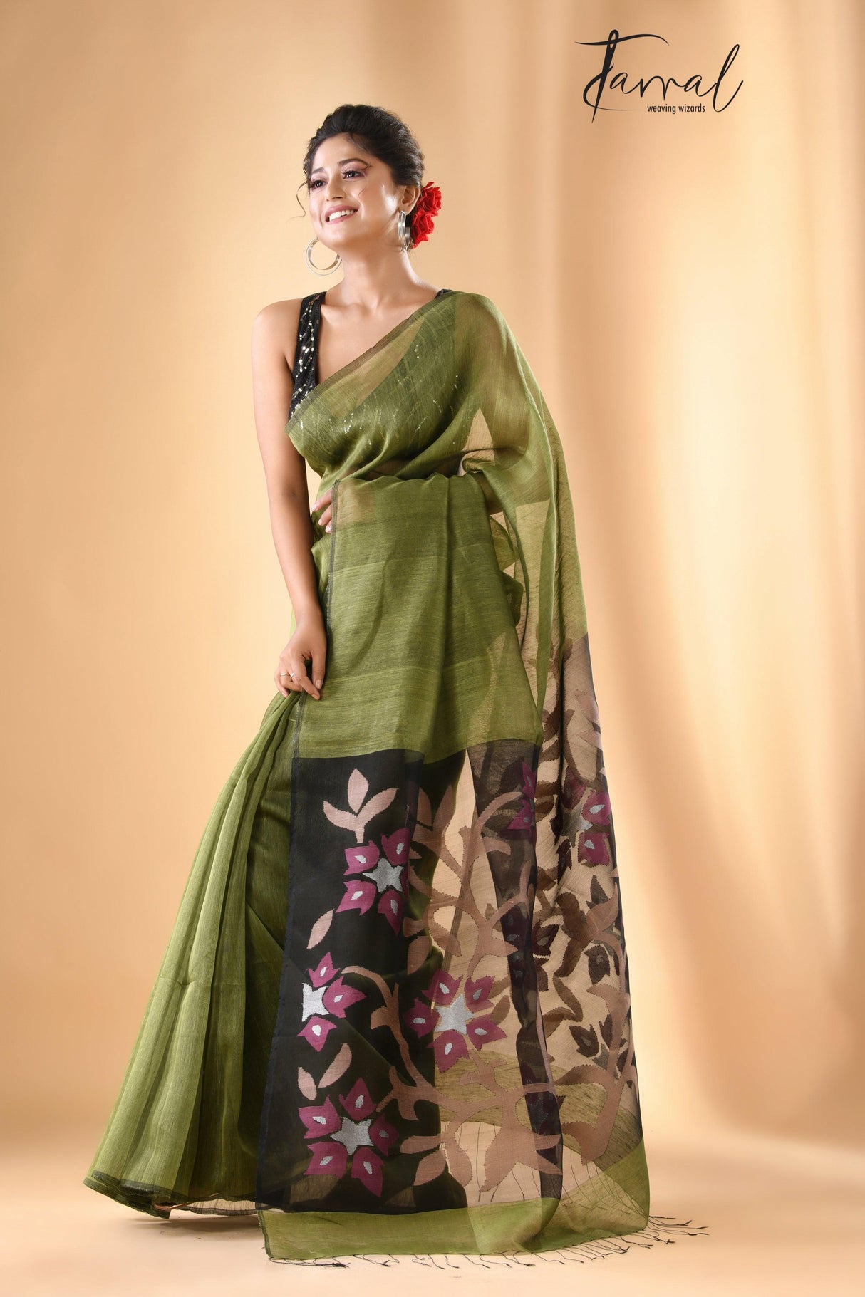 Mehendi green with handwoven floral jamdani pallu silk linen saree - Tamal Boutique