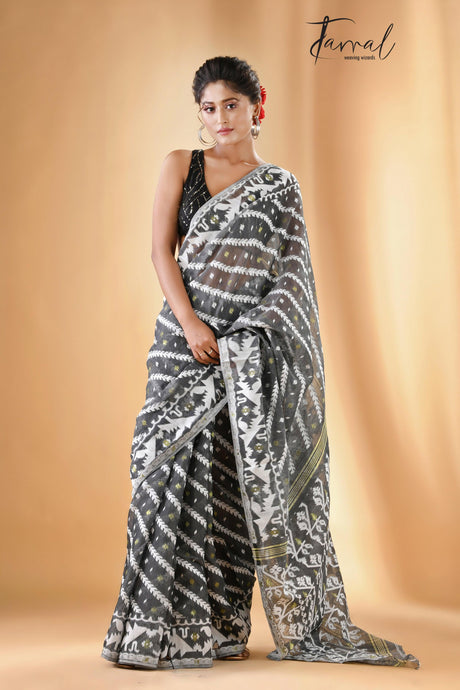 Smoke grey handloom soft dhakai jamdani saree - Tamal Boutique