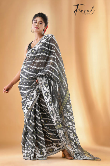 Smoke grey handloom soft dhakai jamdani saree - Tamal Boutique