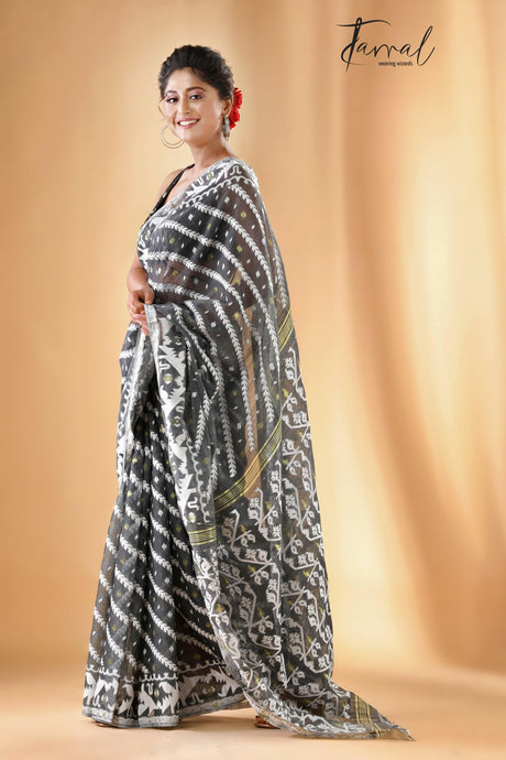 Smoke grey handloom soft dhakai jamdani saree - Tamal Boutique