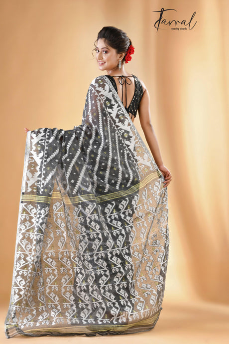 Smoke grey handloom soft dhakai jamdani saree - Tamal Boutique