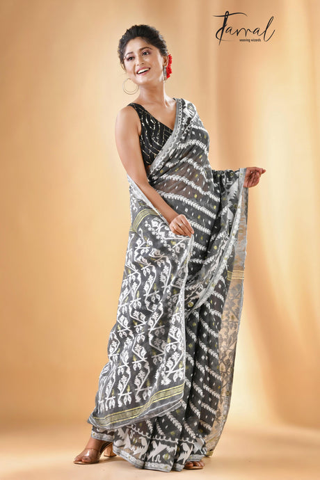 Smoke grey handloom soft dhakai jamdani saree - Tamal Boutique