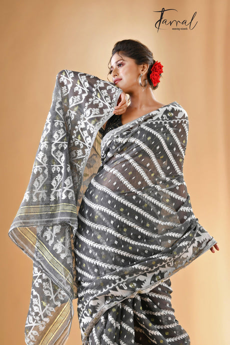 Smoke grey handloom soft dhakai jamdani saree - Tamal Boutique