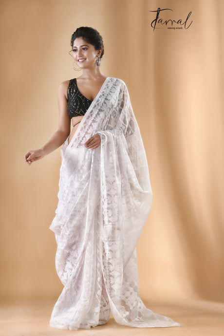 Sweta Subhra handloom soft dhaki jamdani saree - Tamal Boutique
